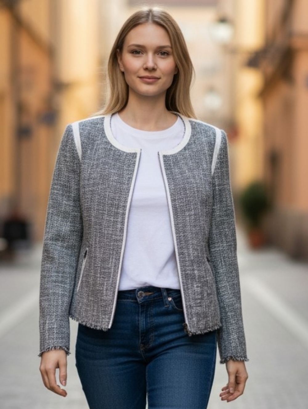 ecru Black & White Tweed Collarless Blazer